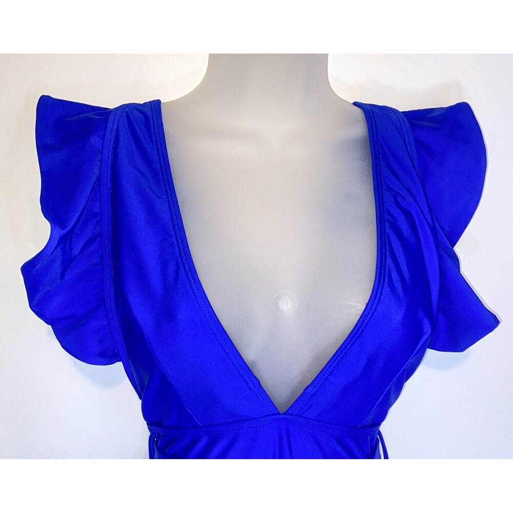 Shein One Piece Swimsuit LG Royal Blue Belted Ruffles High Cut Vacation Sexy - Picture 3 of 6